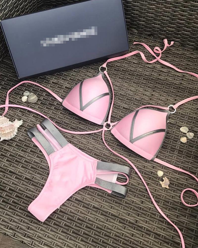 

Colorblock / Cheetah Print Cutout Halter Bikini Set, Pink