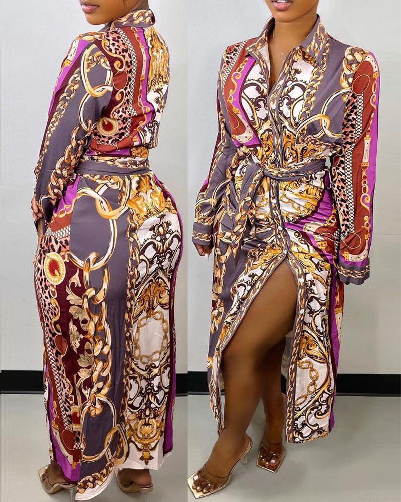 

Chain Baroque Print Button Down Belted Shirt Dress, Multicolor