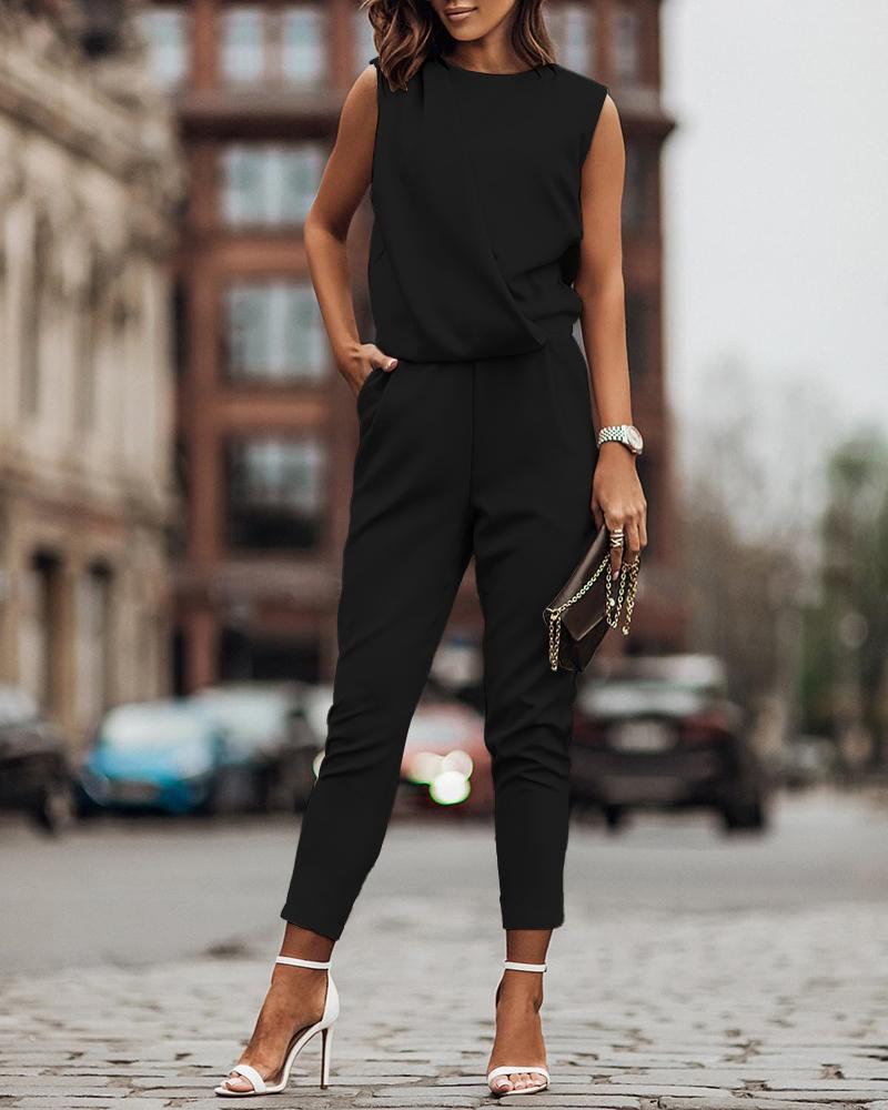 

Sleeveless Pocket Decor Casual Jumpsuit, Black