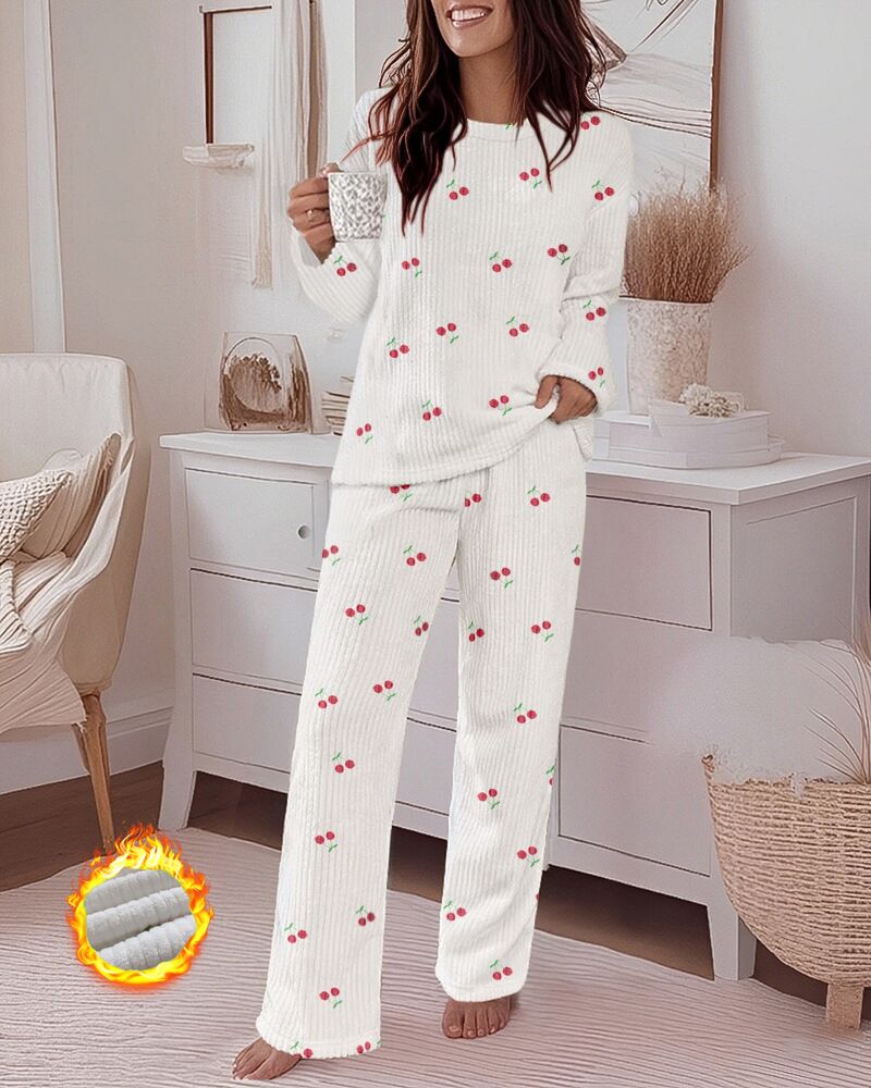 

Conjunto de 2 peças de pijama casual de flanela canelada com estampa de cereja, gola redonda, ombros caídos e calças com cós elástico, White