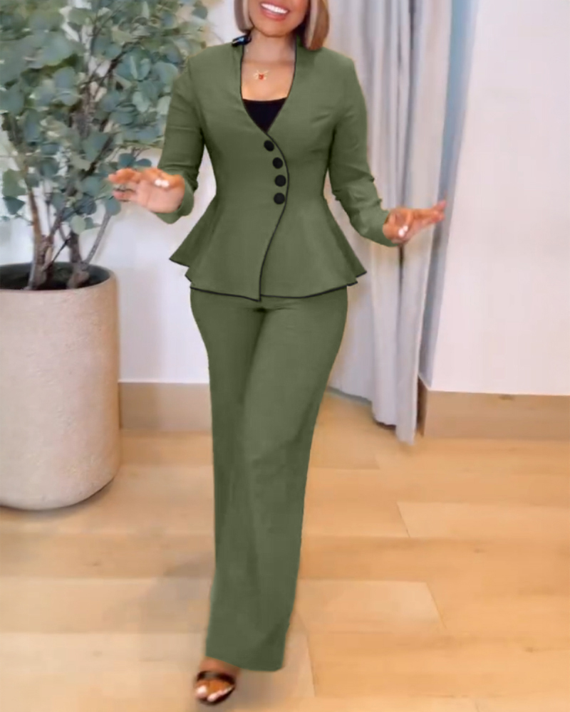 

Conjunto de 2 peças, decote em V, abotoamento simples, acabamento em blocos de cores, casaco com babados e calças retas, conjunto de blazer casual, Green
