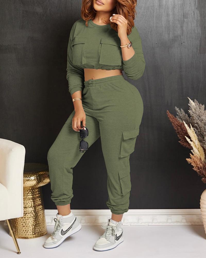 

Pocket Design Crop Sweatshirt & Cuffed Sweatpants Set, Army green