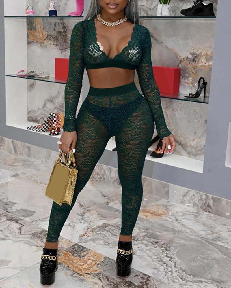 

Crochet Lace Crop Top & High Waist Pants Set, Green