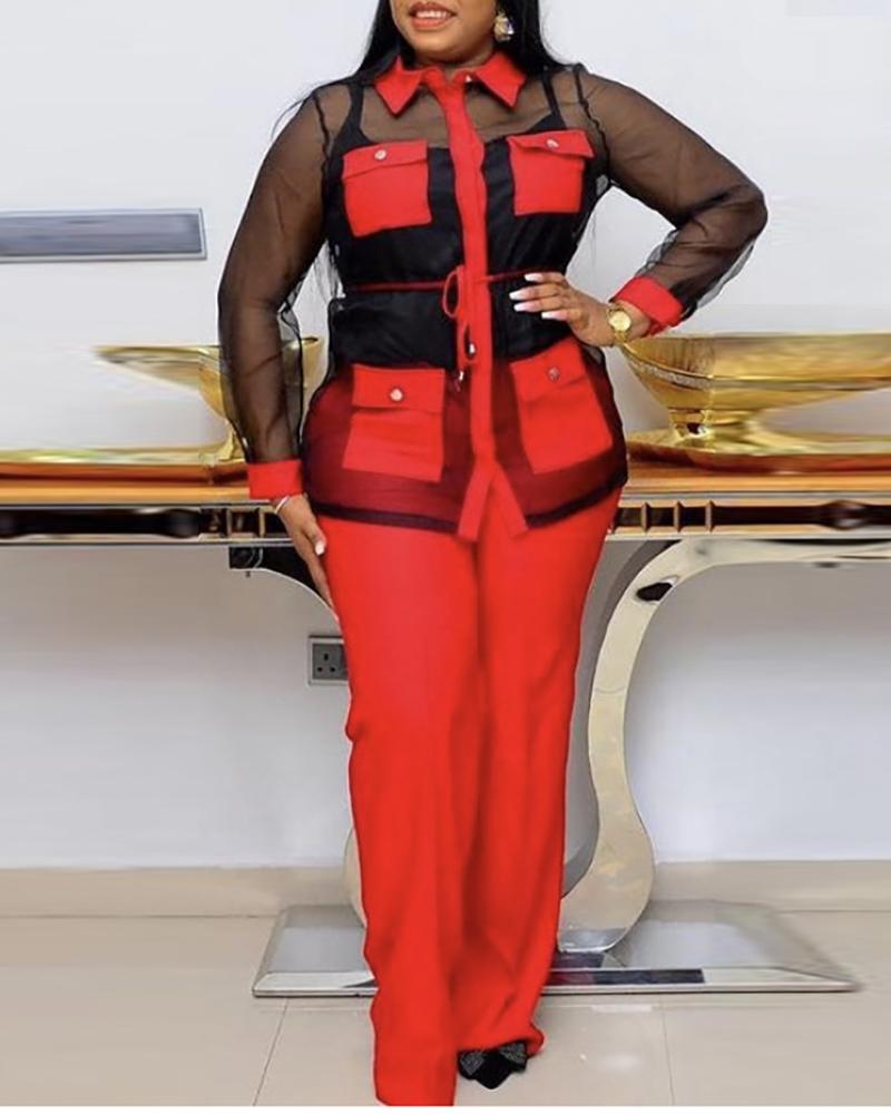 

Plus Size Sheer Mesh Colorblock Buttoned Top & Pants Set, Red
