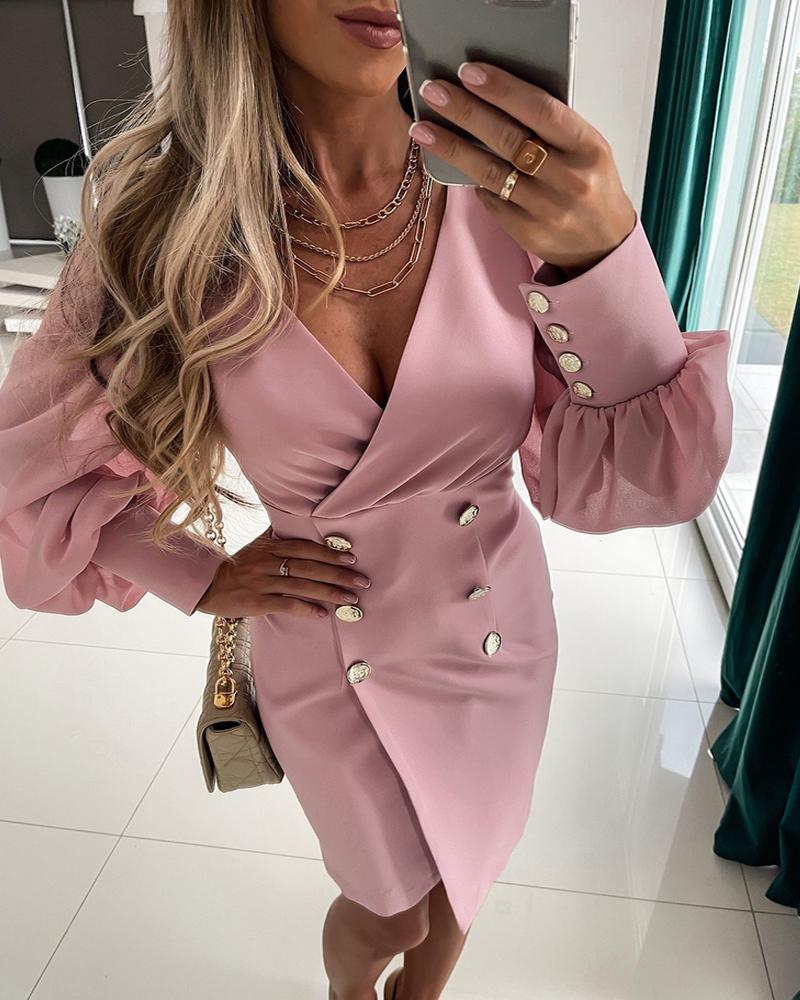 

Button Decor Mesh Lantern Sleeve Blazer Dress, Pink