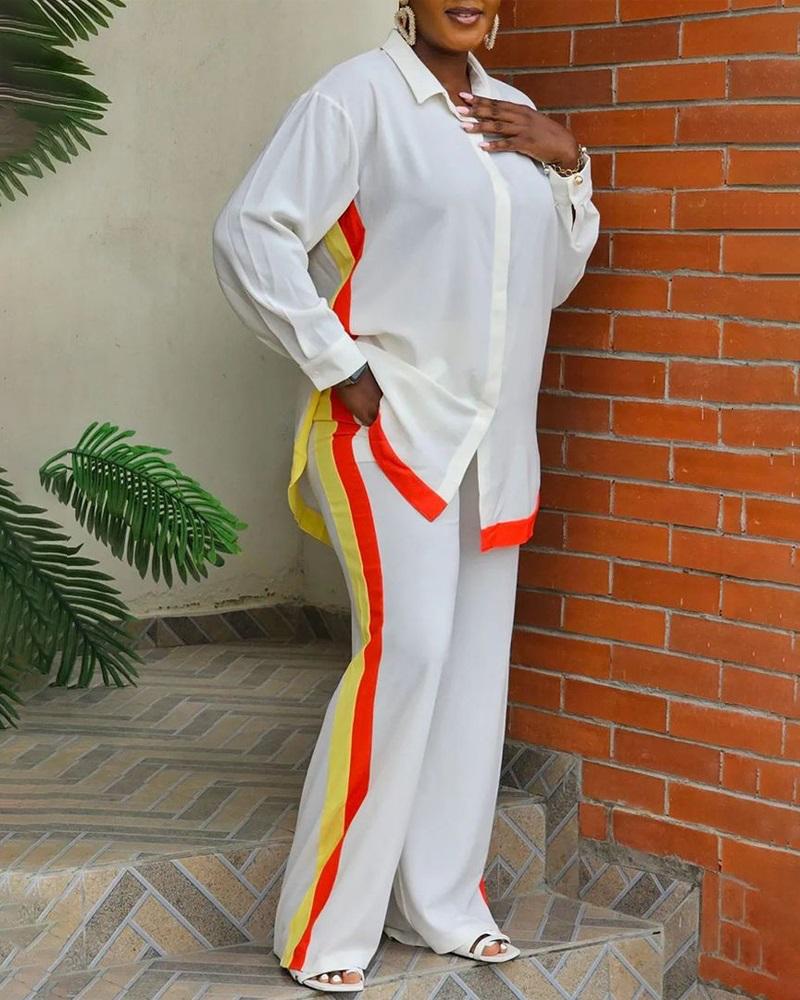 

Striped Buttoned Slit Shirt & Wide Leg Pants Set, White