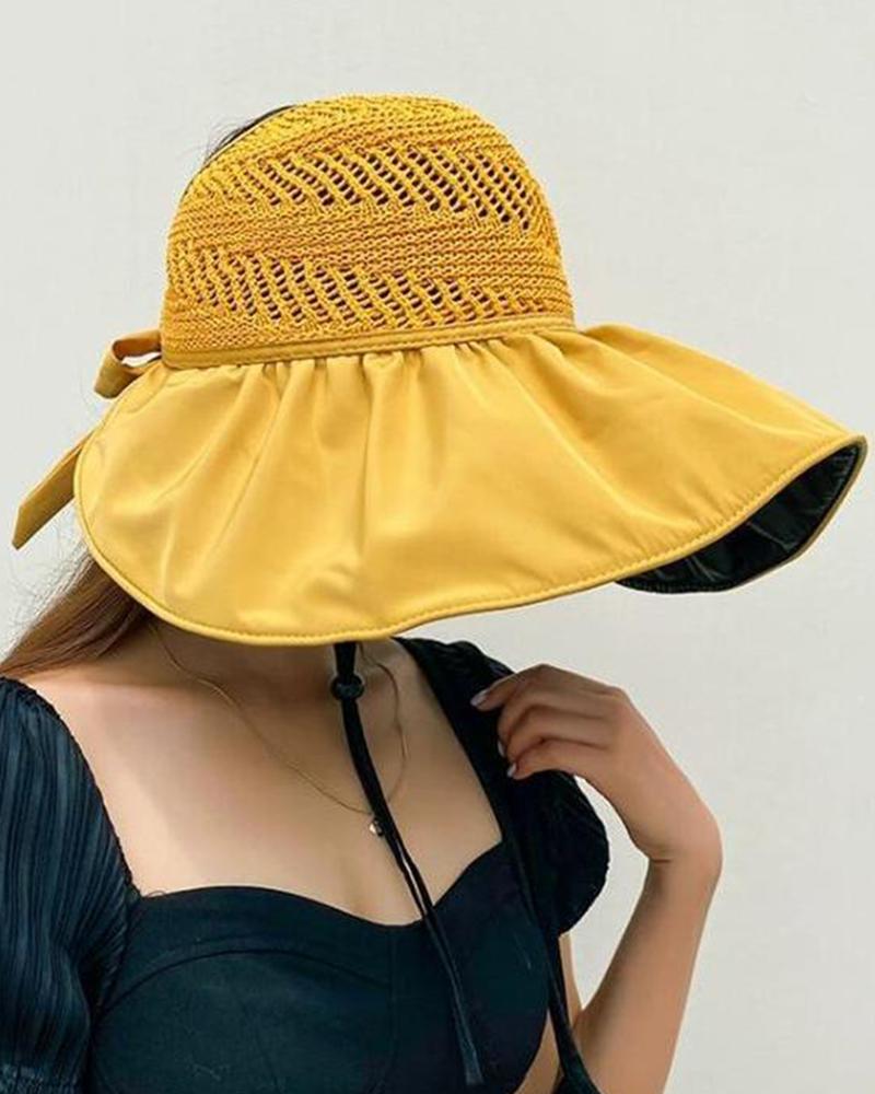 

Ruched Wide Brim Bowknot Sun Visor Hat, Yellow