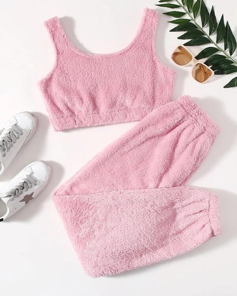 

Fluffy U-Neck Sleeveless Pajamas Set, Pink
