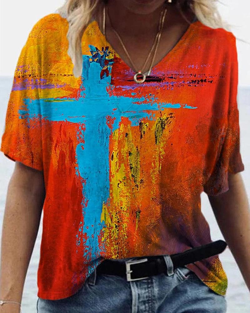 

Cross Pattern Print V-Neck Short Sleeve T-shirt, Orange