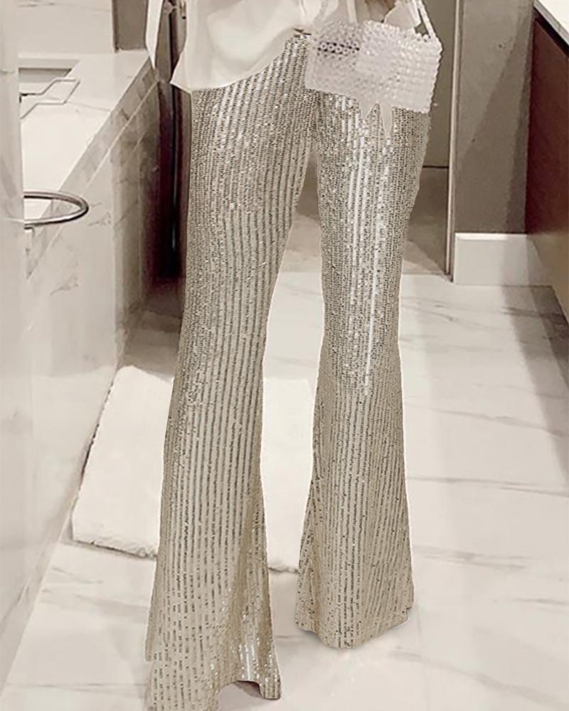 

Glitter High Waist Bell-bottomed Sequins Pants, Silver