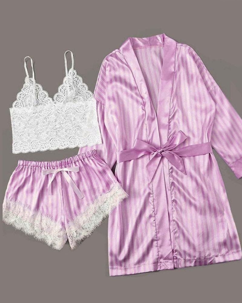 

3PCS Lace Trim Satin Sexy Sleepwear, Purple