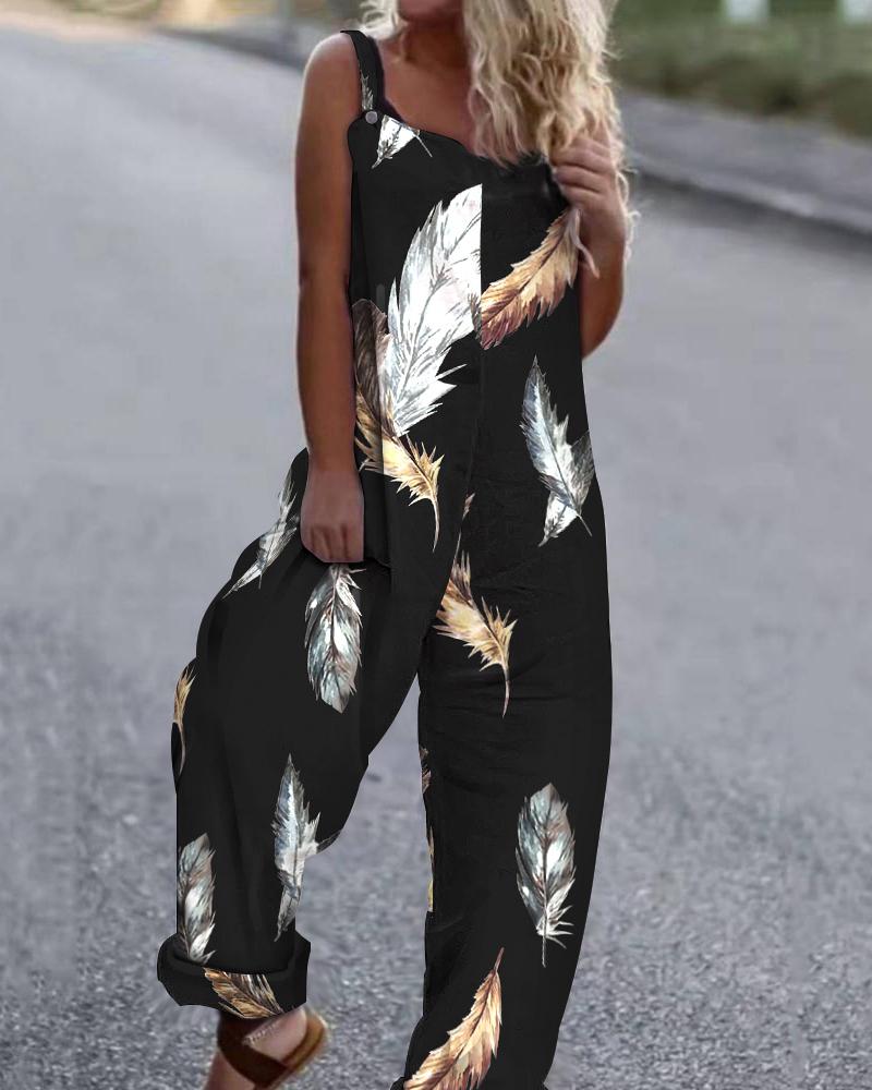 

Feather Print Casual Suspender Jumpsuit, Black