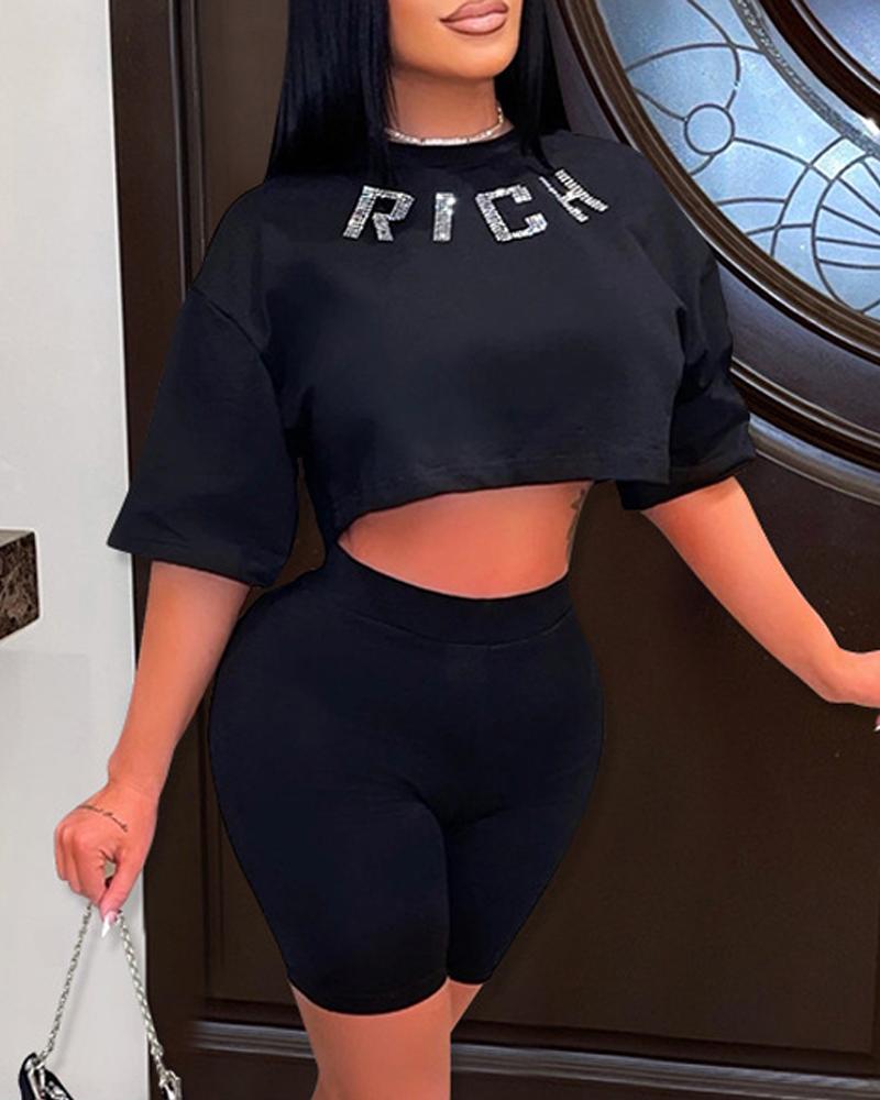 

Rhinestone Letter Pattern Crop Top & Shorts Set, Black