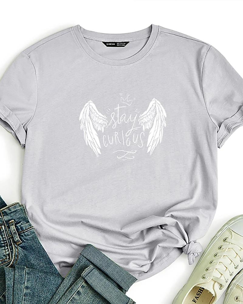 

Graphic Text Angel Print Round Neck Cotton Basic Top, Gray
