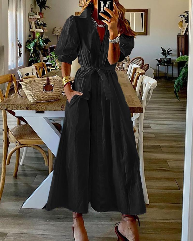 

Puff Sleeve Button Front Tied Detail Shirt Dress, Black