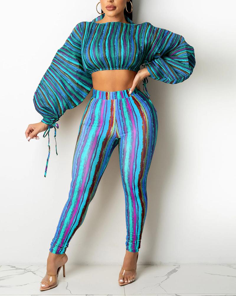 

Rainbow Stripe Drawstring Lantern Sleeve Crop Top & Pants Set, Blue