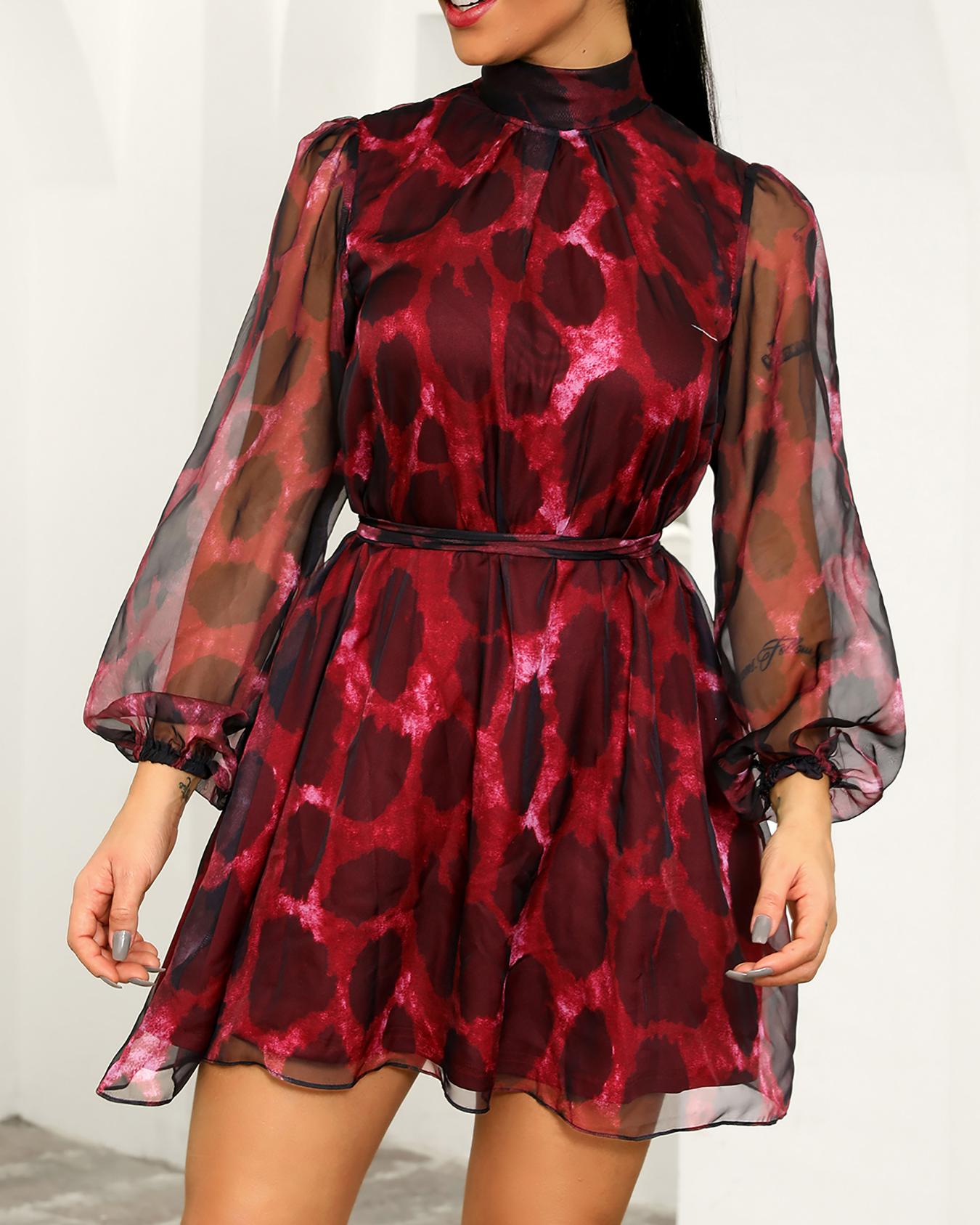 

Leopard Sheer Mesh Overlay Belted Dress, Dark red