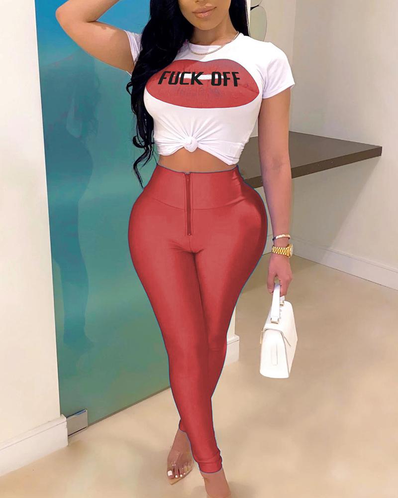 

Lip Letter Print Round Neck Top & Pants Set, Red