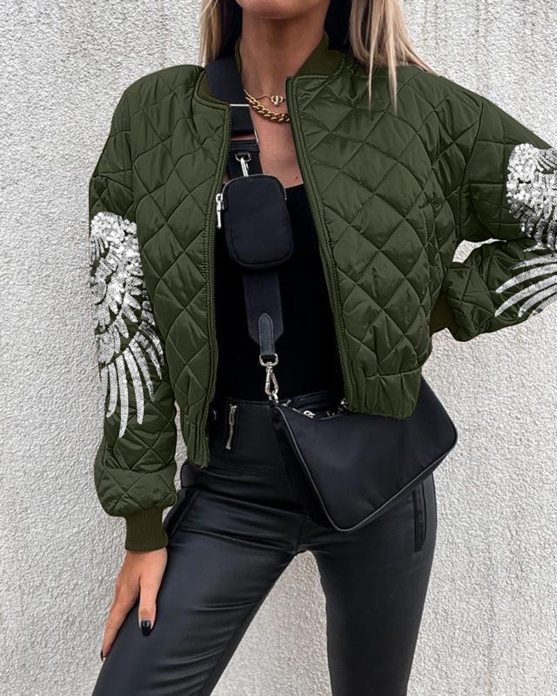 

Contrast Sequin Angel Wings Pattern Quilted Puffer Jacket, Army green