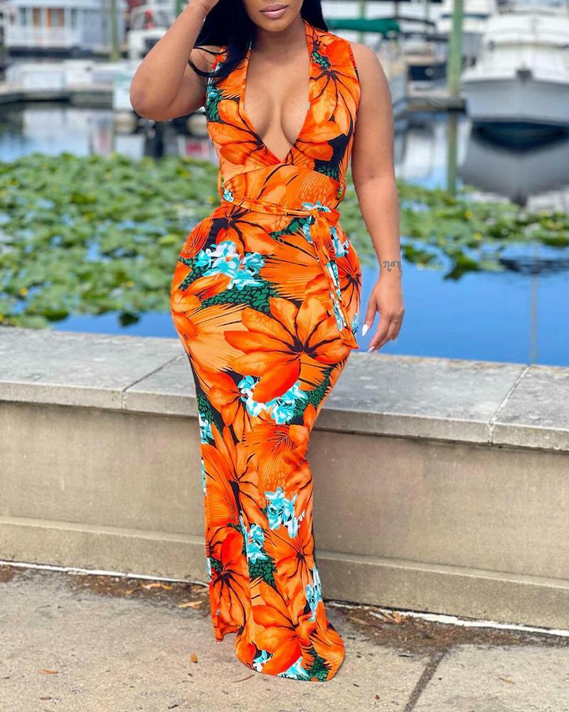 

Floral Print Deep V-Neck Sleeveless Bodycon Dress, Orange