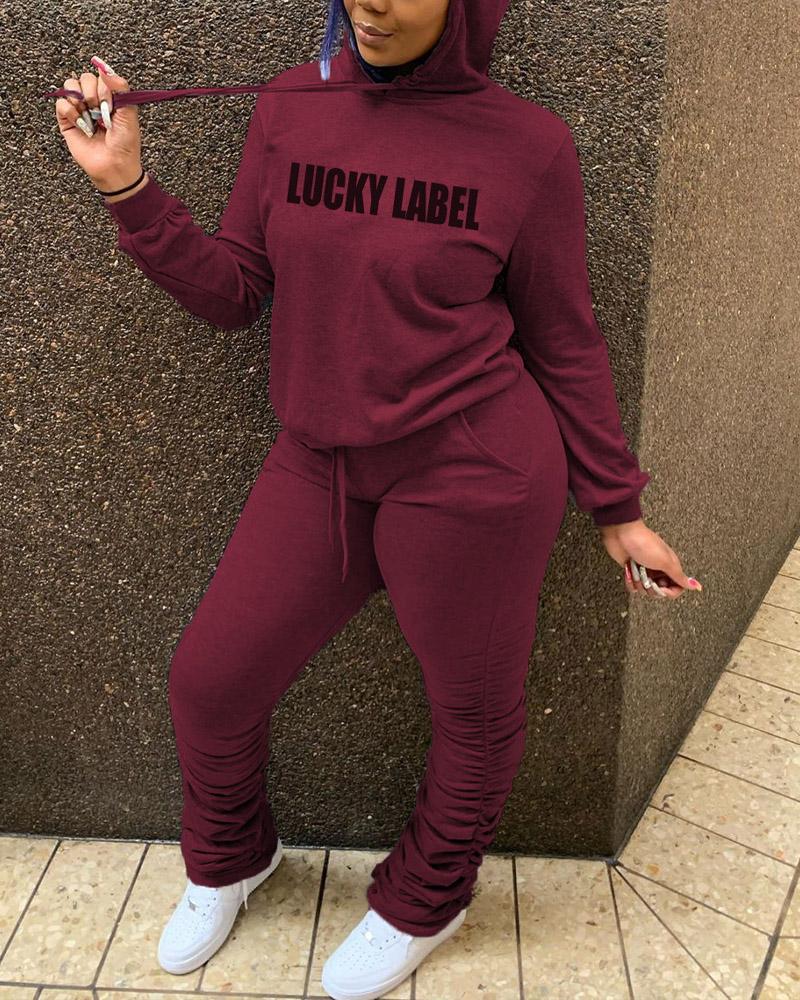 

Letter Print Drawstring Hoodie & Stacked Pants Set, Wine red