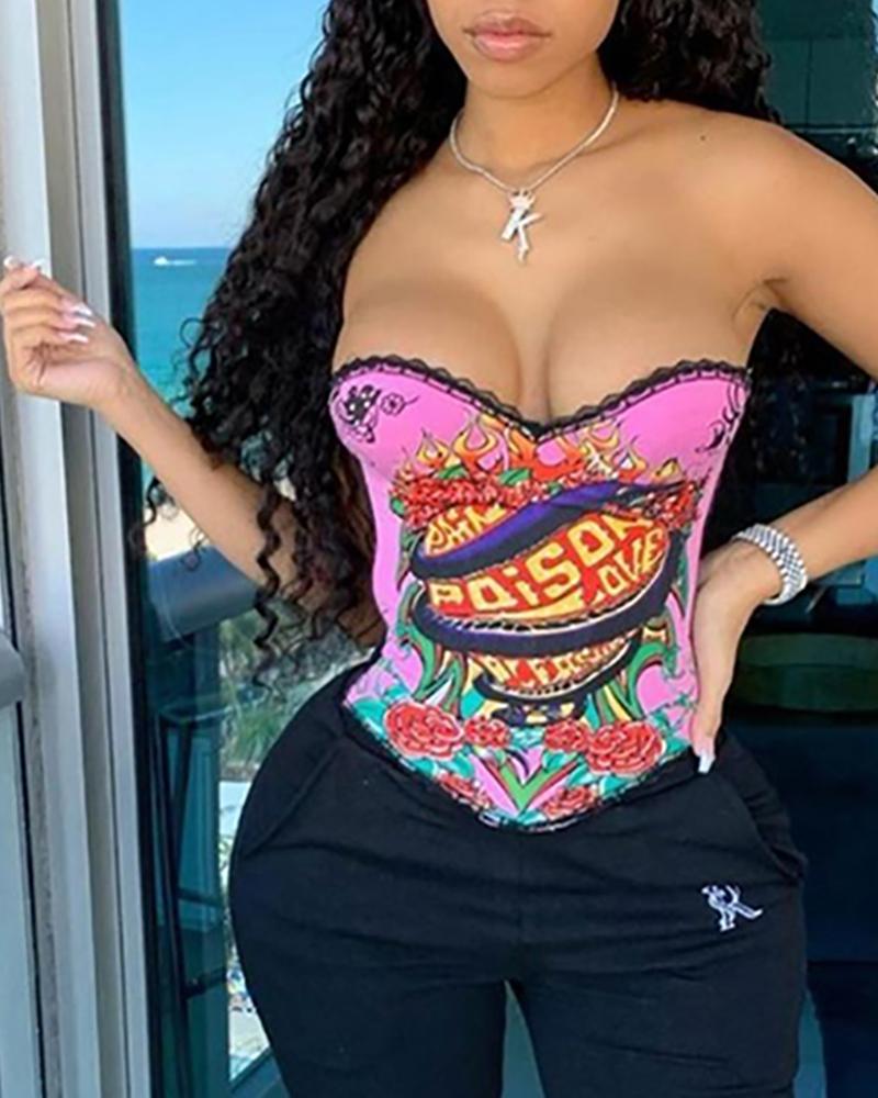 

Letter Floral Print Bandeau Lace Trim Corset Top, Pink