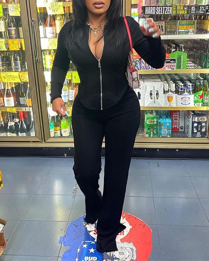 

Zipper Design Asymmetrical Top & Slit Pants Set, Black