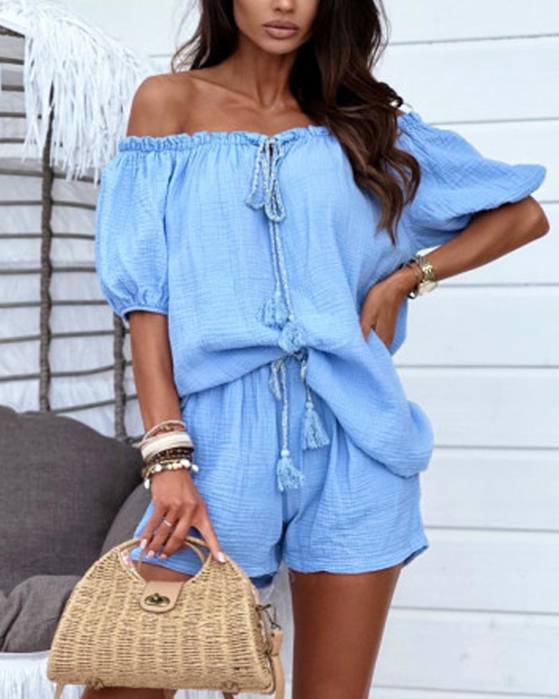 

Off Shoulder Top & Frill Hem Shorts Set, Blue