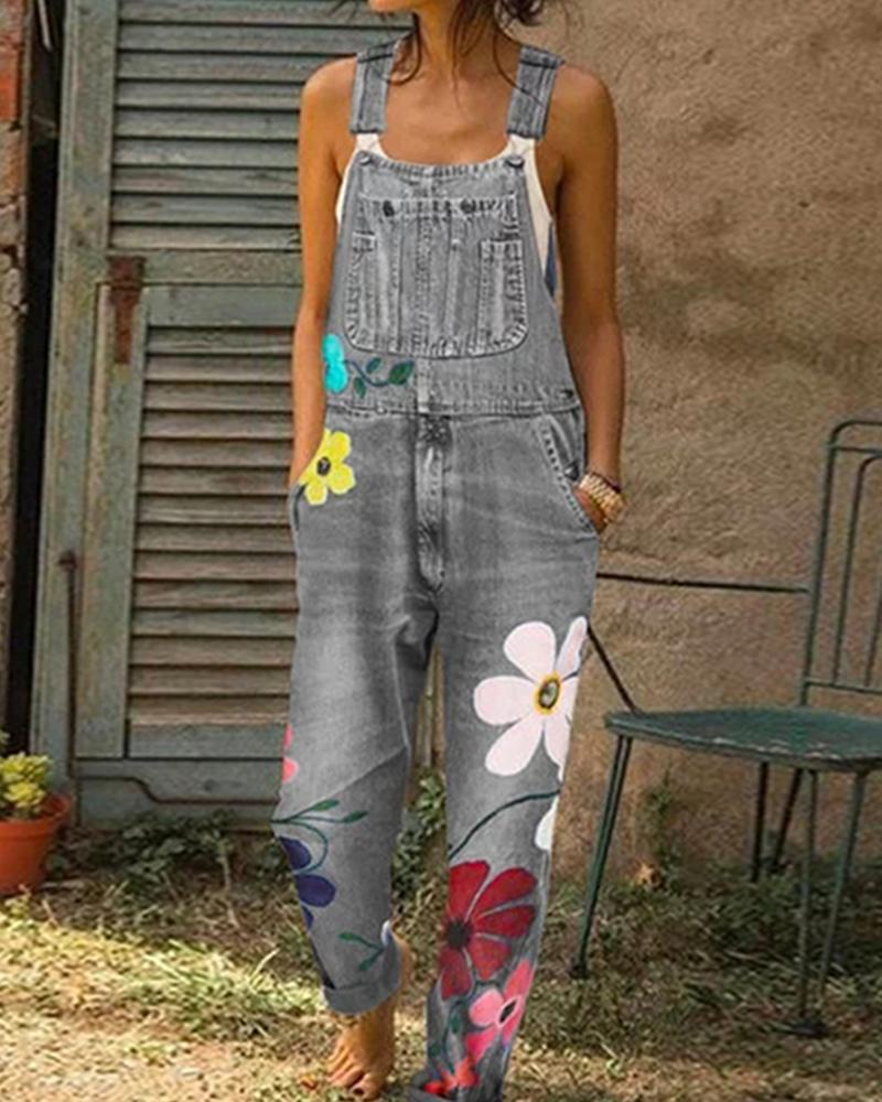 

Floral Print Pocket Detail Denim Overalls, Gray
