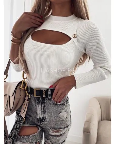 

Long Sleeve Cutout Mental Decor Knit Top, White