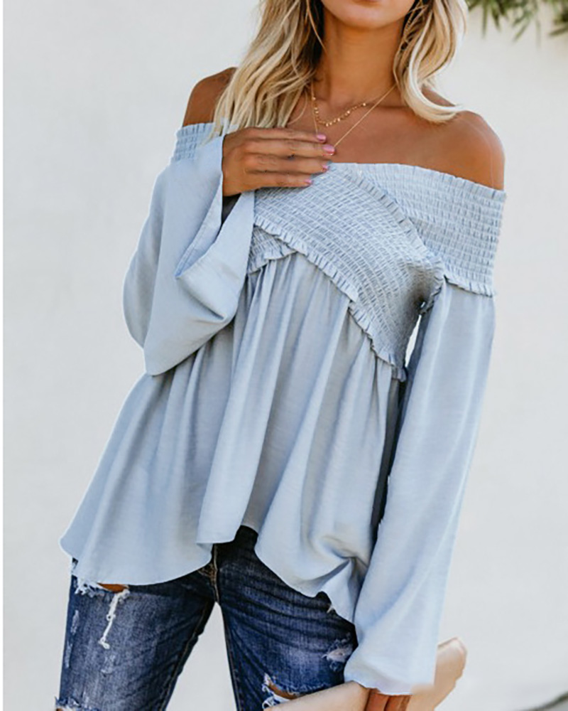 

Off Shoulder Ruffles Long Sleeved Top, Sky blue
