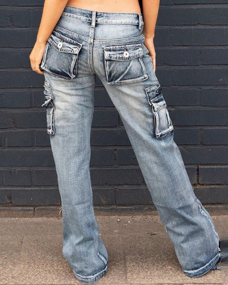 

Vintage Flap Pocket Low Waist Jeans, Blue