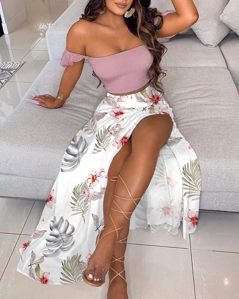

Solid Off Shoulder Crop Top & High Split Skirt Set, Pink