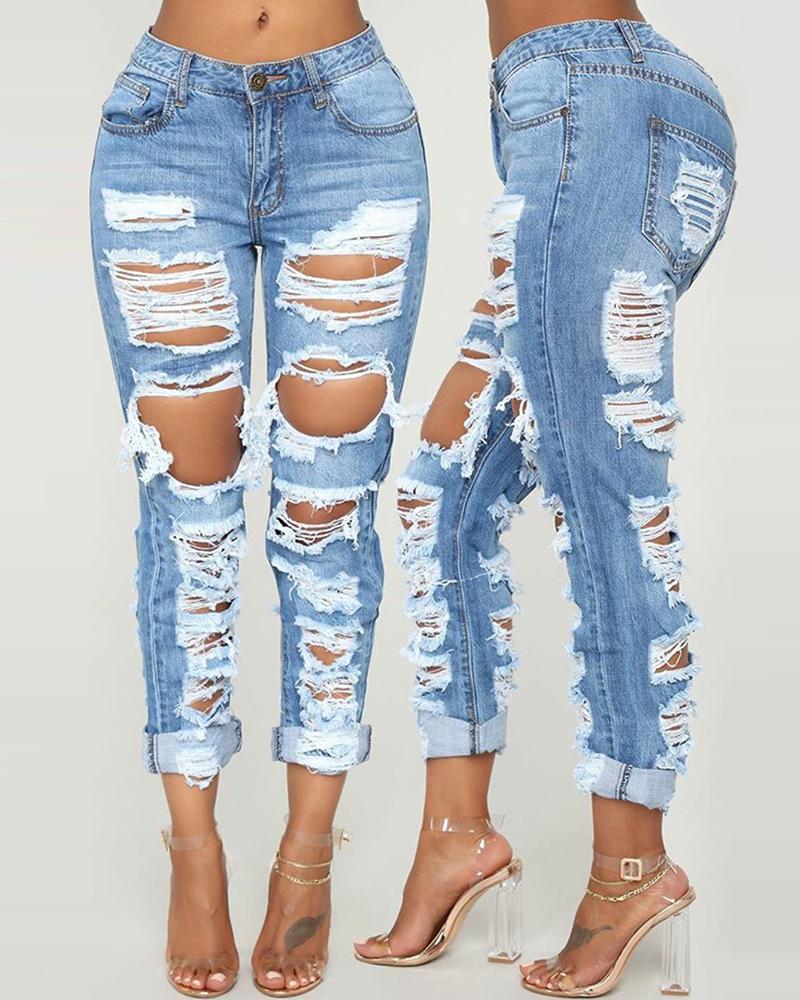 

Pocket Design Ripped Cutout Fringe Hem Buttoned Jeans, Blue