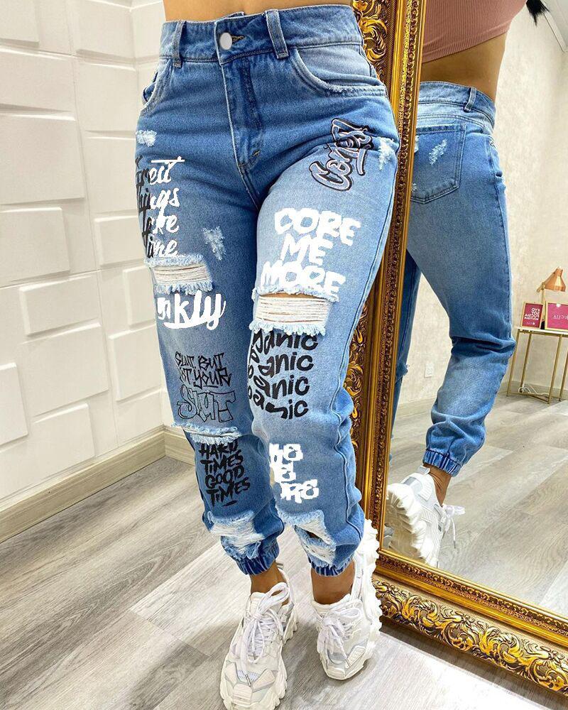 

Plus Size Letter Print Zipper Fly Ripped Skinny Jeans, Blue