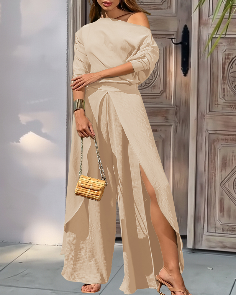 

Two-Piece Set Cold Shoulder Batwing Sleeve Top and Casual Elastic Waist Slit Wide Leg Pants, Apricot