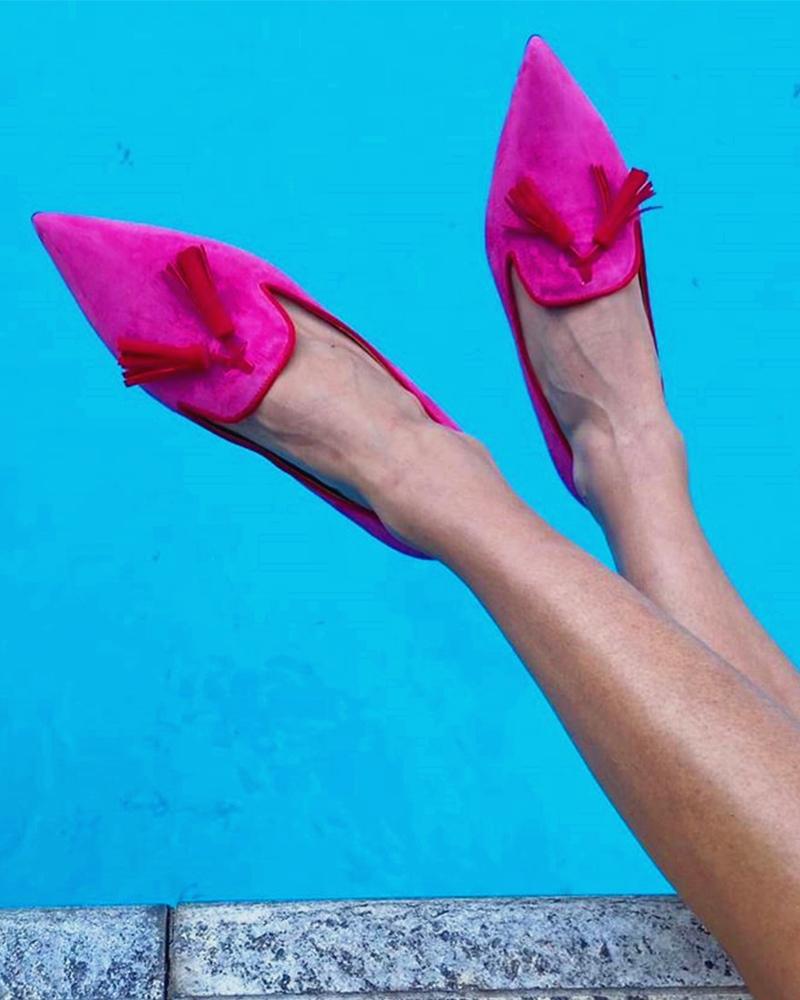 

Tassel Leopard Pointed-toe Flat Sandals, Hot pink