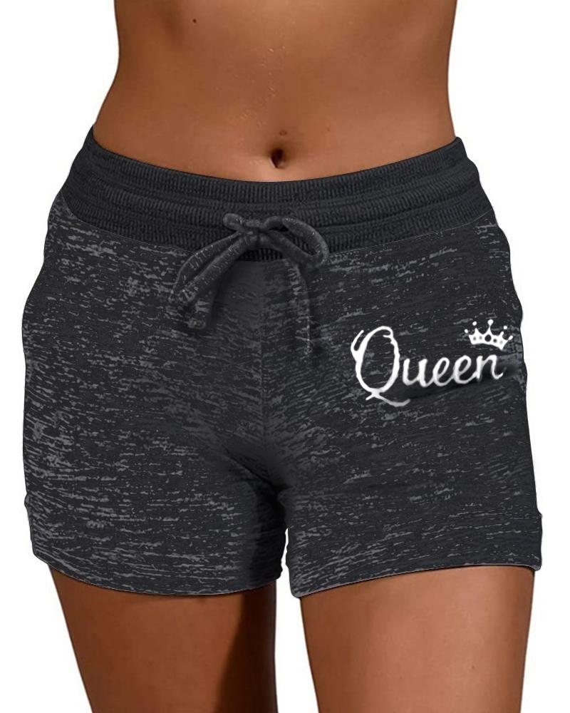

Letter Print Drawstring Sporty Yoga Shorts, Dark grey