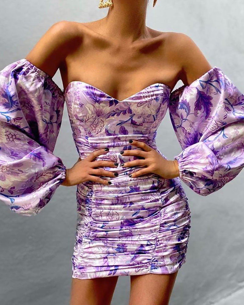 

Off Shoulder Floral Print Ruched Bodycon Dress, Purple