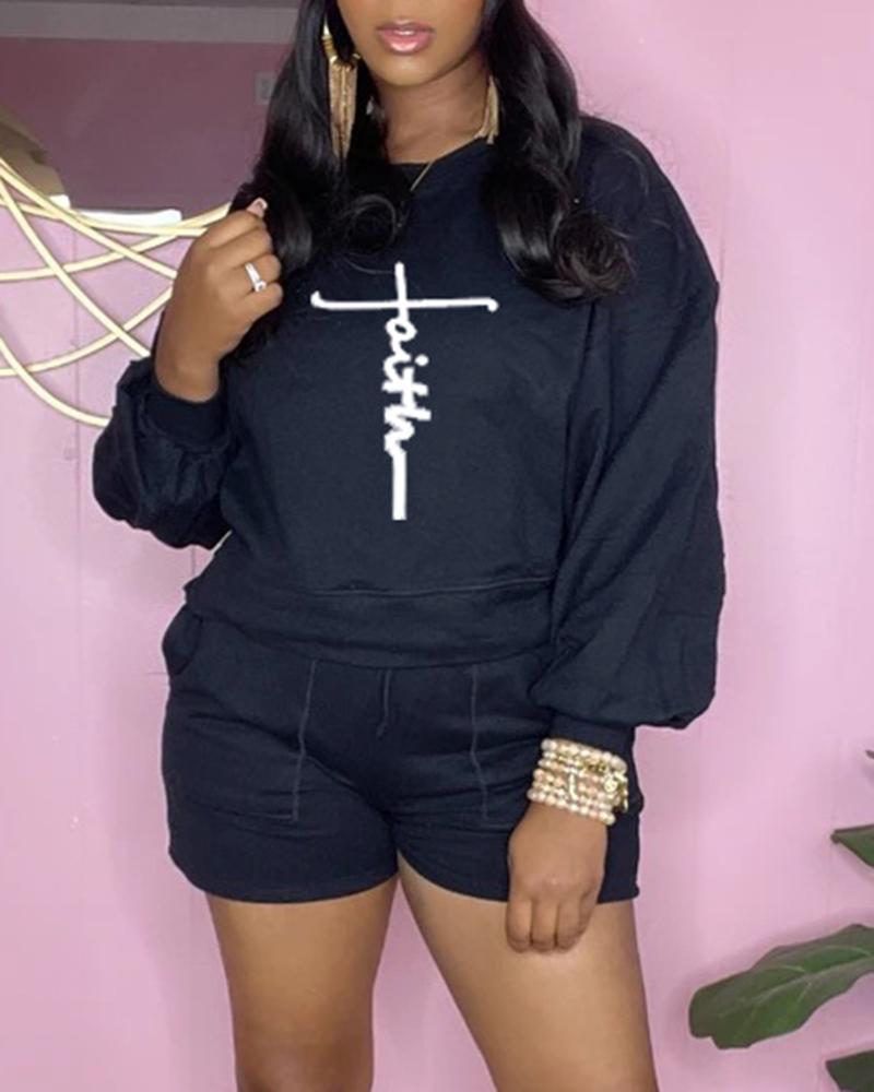 

Letter Print Long Sleeve Top & Shorts Set, Black