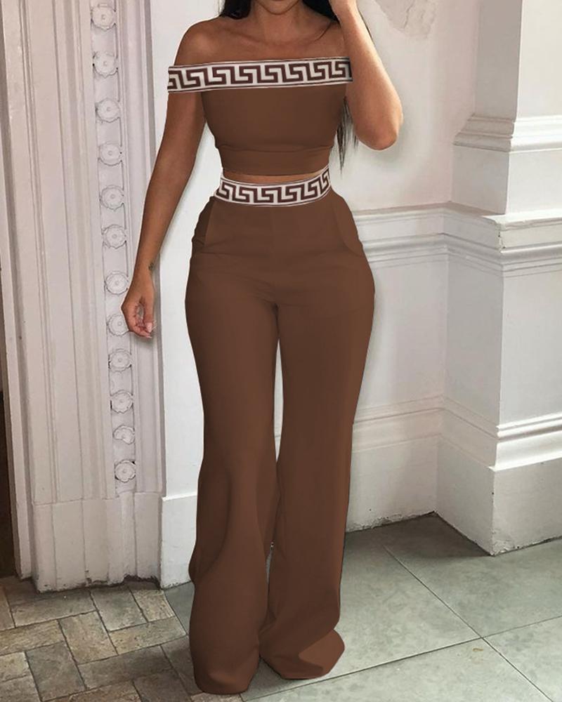

Geo Trim Off Shoulder Crop Top & Pants Set, Brown
