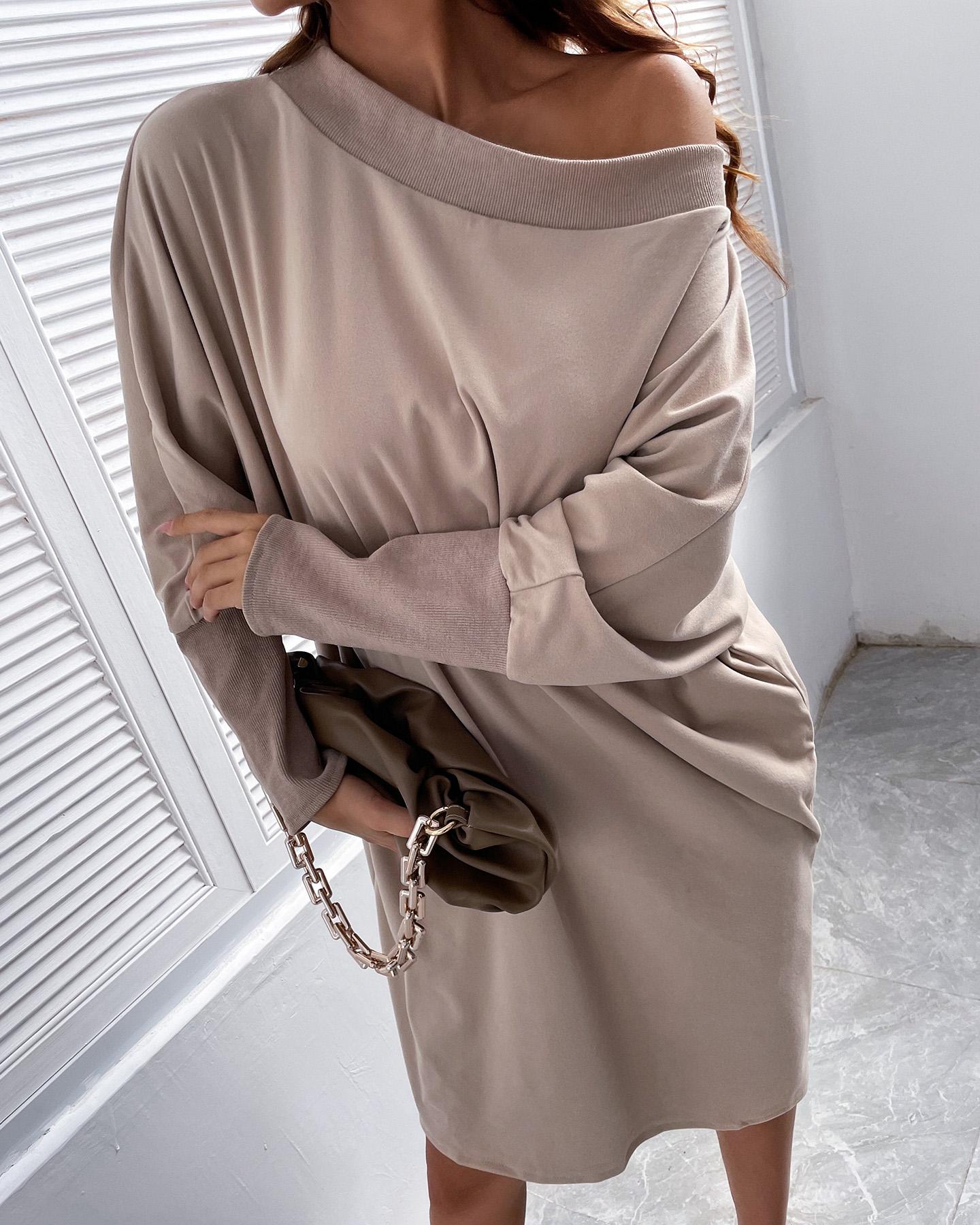 

Plain Batwing Sleeve Knit Sweater Dress, Khaki