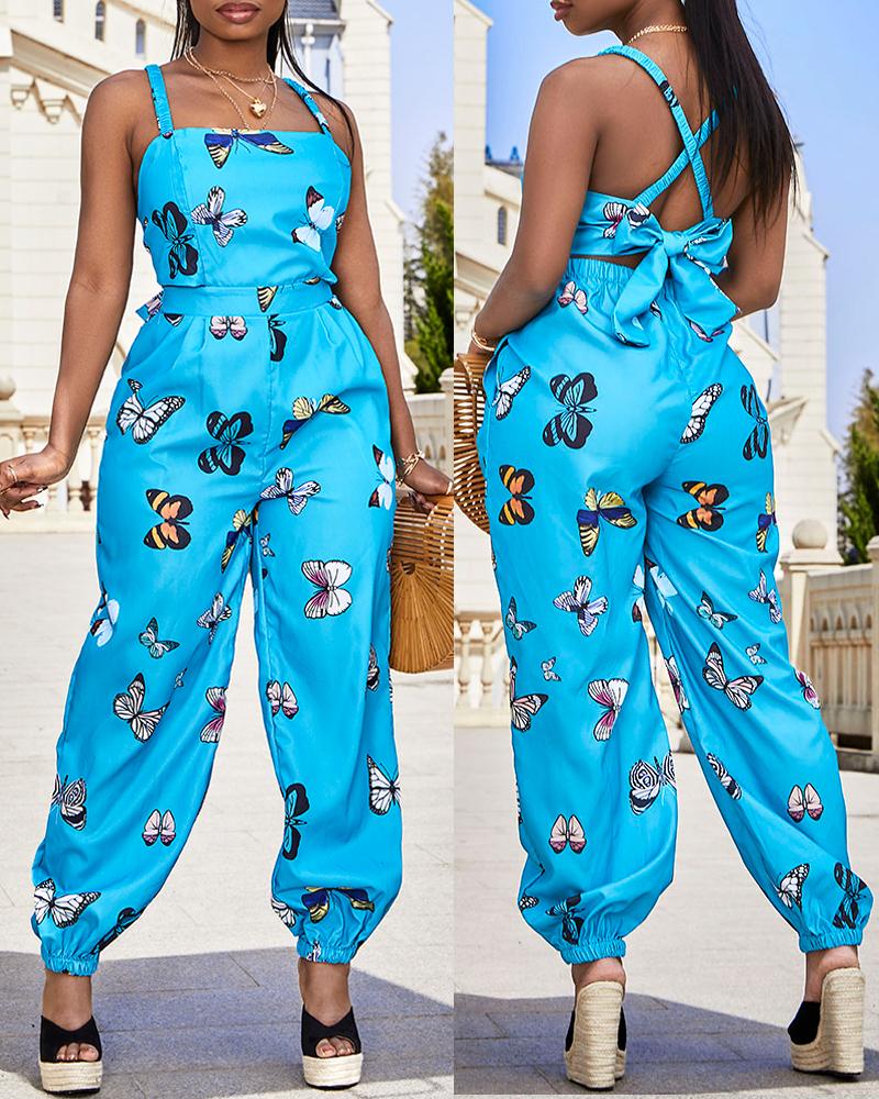 

Butterfly Print Criss Cross Tied Detail Backless Jumpsuit, Blue