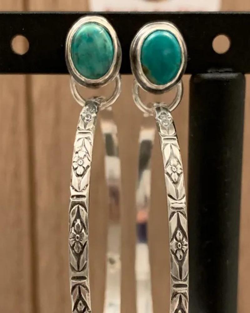 

1Pair Bohemian Tribal Turquoise Hoop Earrings, Green