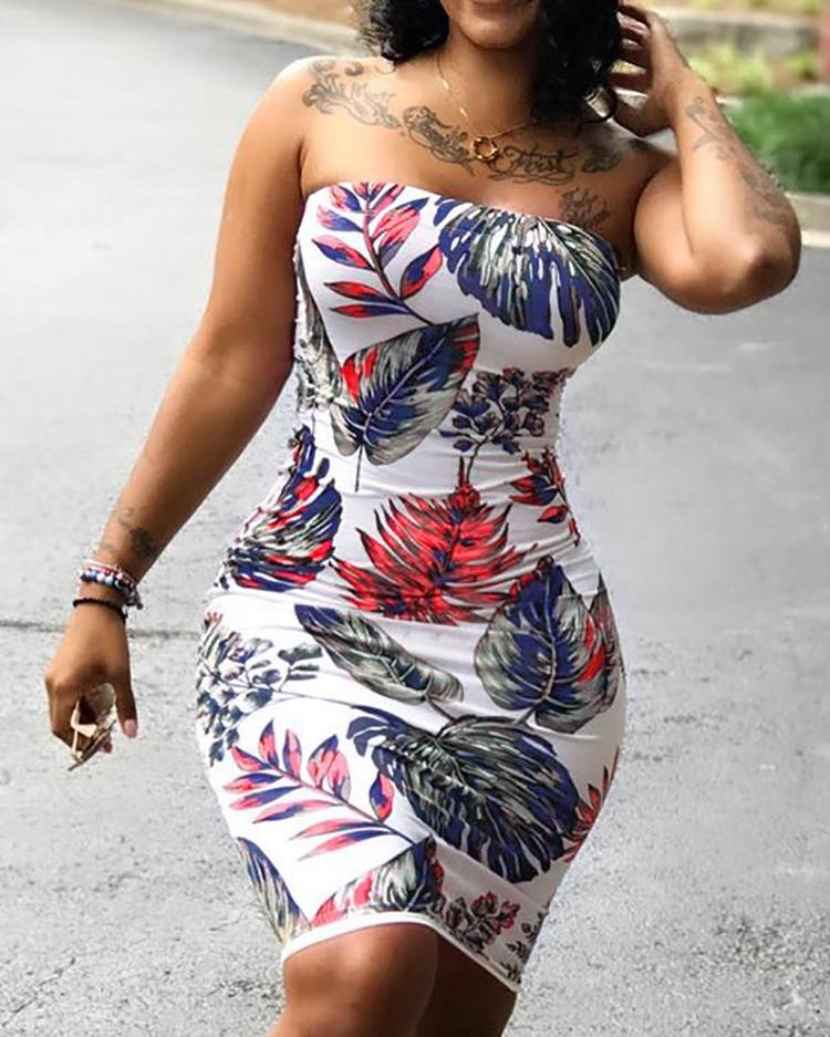 

Tropical Print Bandeau Bodycon Dress, Red