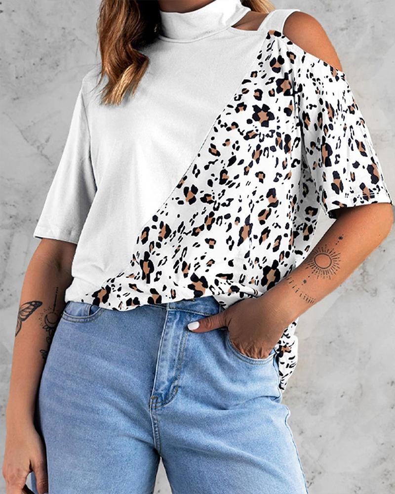 

Patchwork Leopard Print Cold Shoulder Top, White