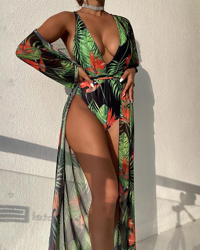 

2PCS Tropical Print One Piece Swimsuit With Cover Up, Green