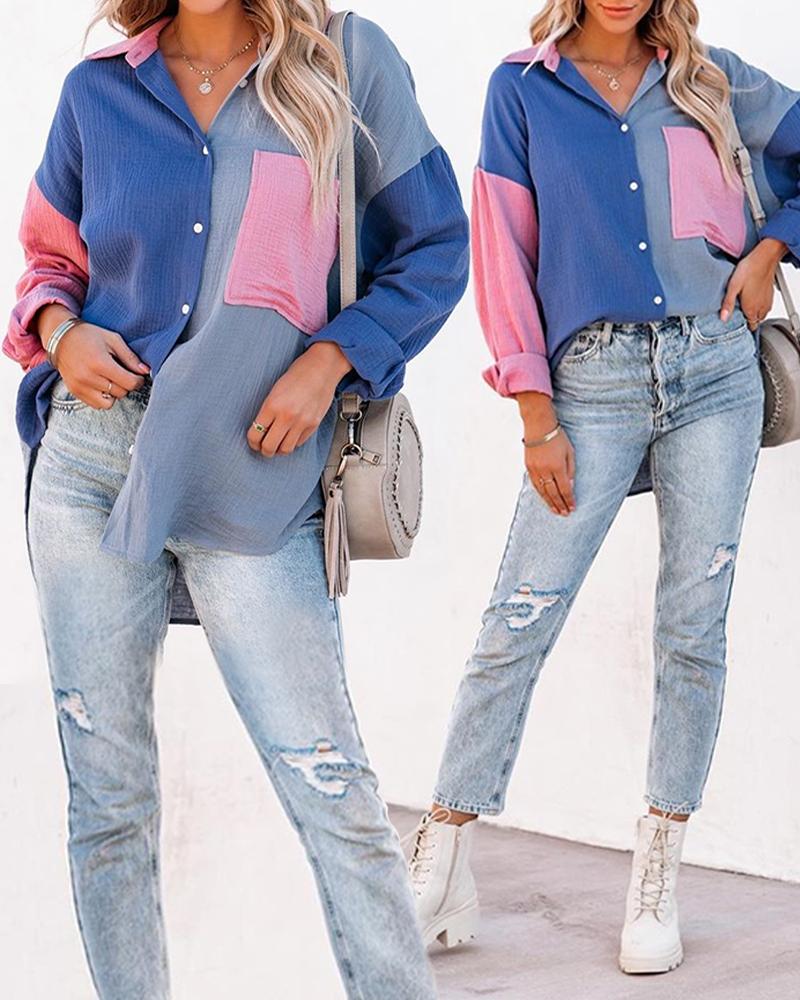 

Colorblock Long Sleeve Button Down Shirt, Blue