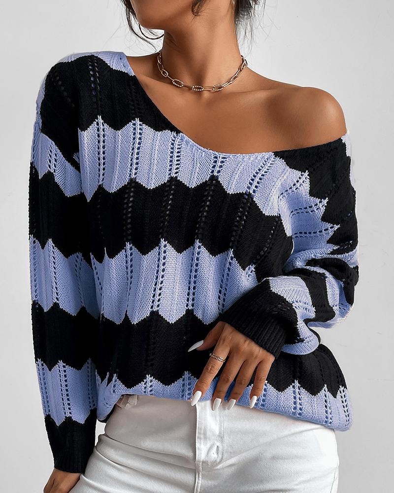 

Colorblock Long Sleeve Hollow Out Knit Sweater, Blue