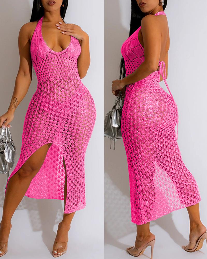 

Halter Tied Detail Hollow Out Crochet Bodycon Dress, Hot pink